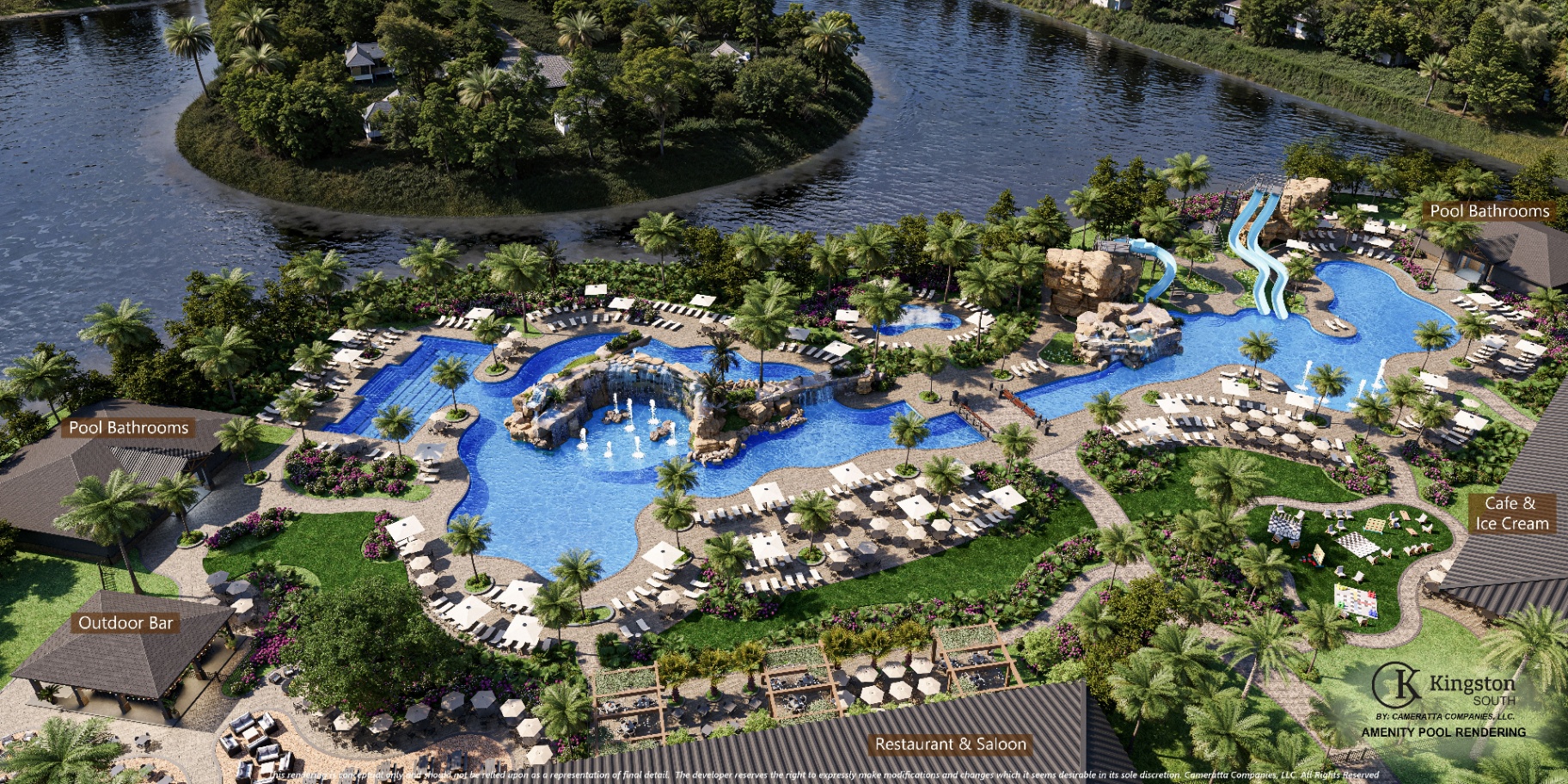 Aerial rendering of the Kingston South amenity pool complex with waterslides, lagoon, restaurant and saloon in Estero, Florida