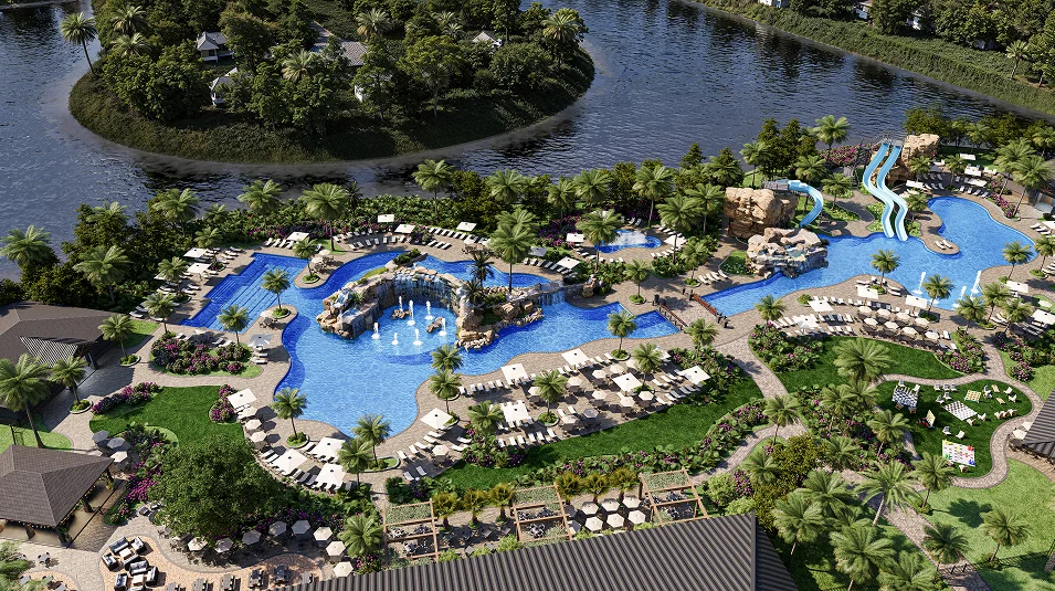 Aerial rendering of the Kingston resort pool complex with lagoon, waterslides and lakefront in Estero, Florida