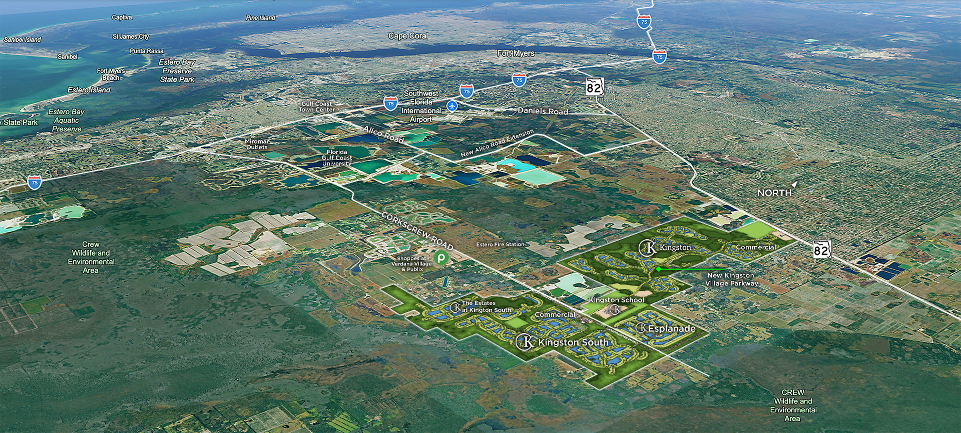 Kingston aerial master plan showing the 7,600+ acre community layout and its sections in Estero, Florida