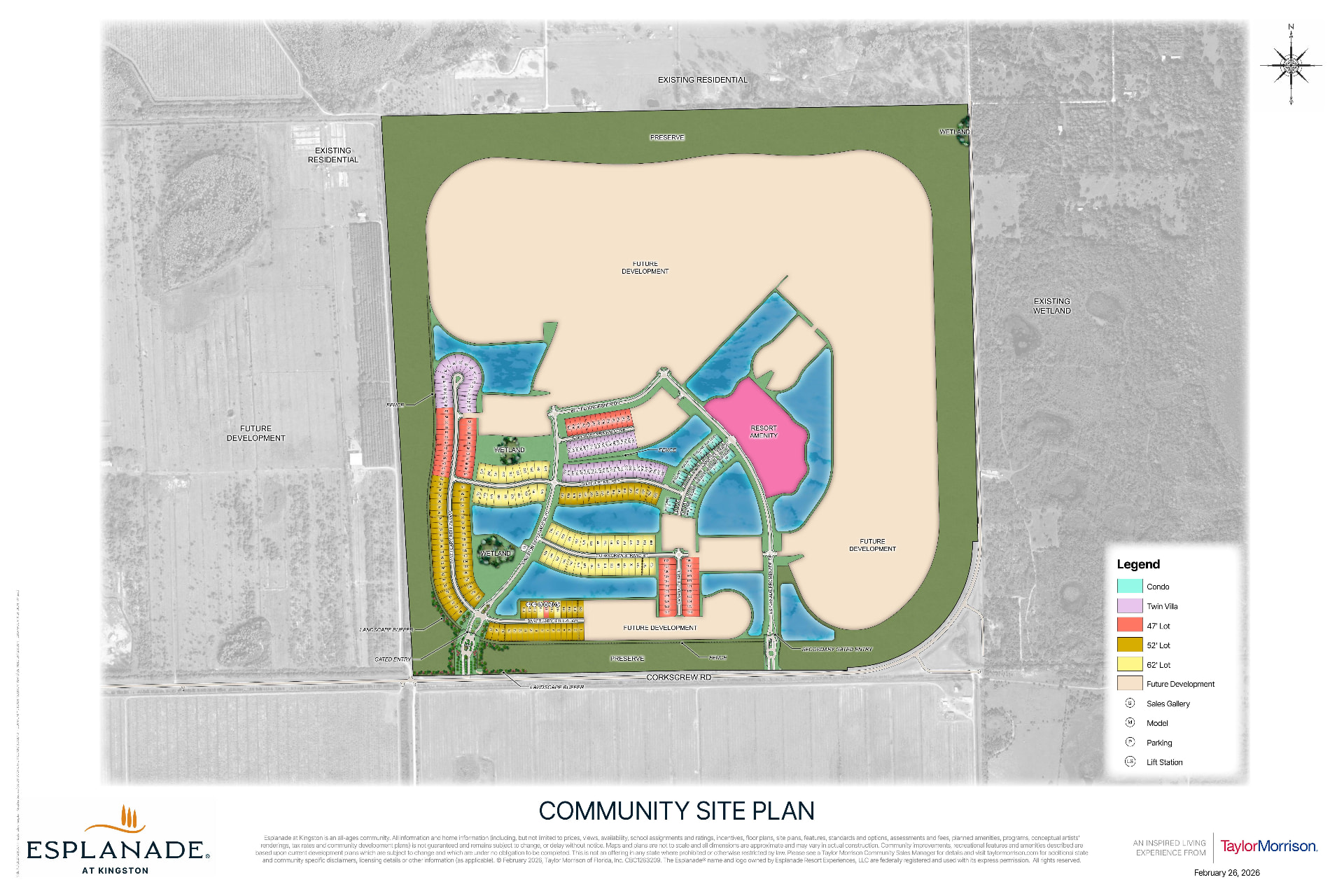 Esplanade at Kingston site plan, Estero FL — condo, twin villa, 47, 52 and 62 foot home sites, amenity center and gated entry, February 2026