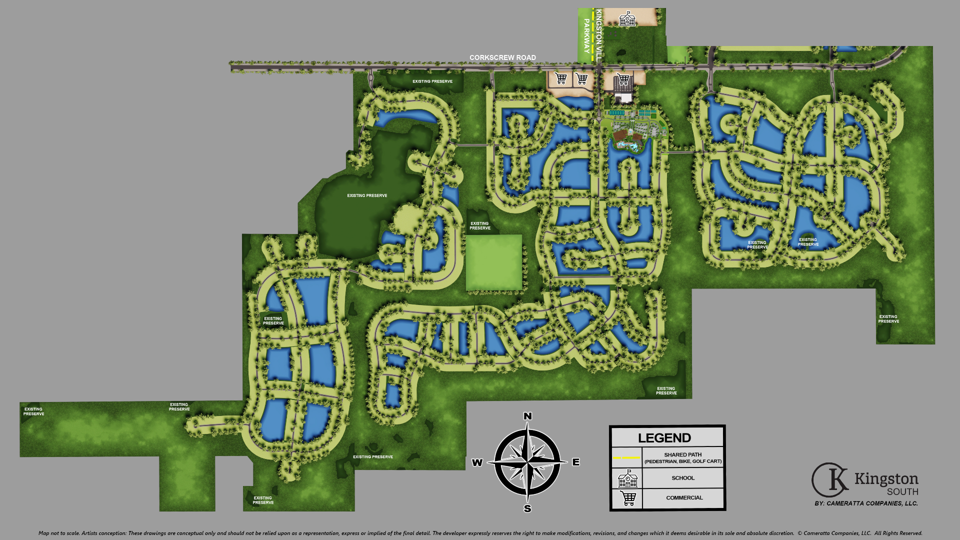 Kingston South site plan, Estero FL — community layout, lakes, shared paths, school and commercial areas, August 2026