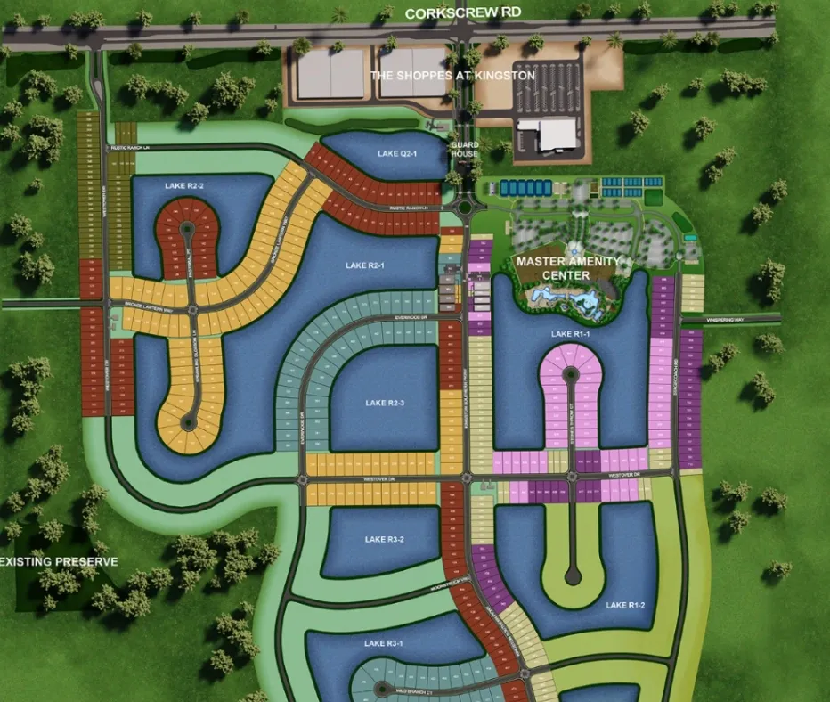 Lennar homesite map for Kingston South in Estero FL showing color-coded series, lakes, preserve and the master amenity center, 2026