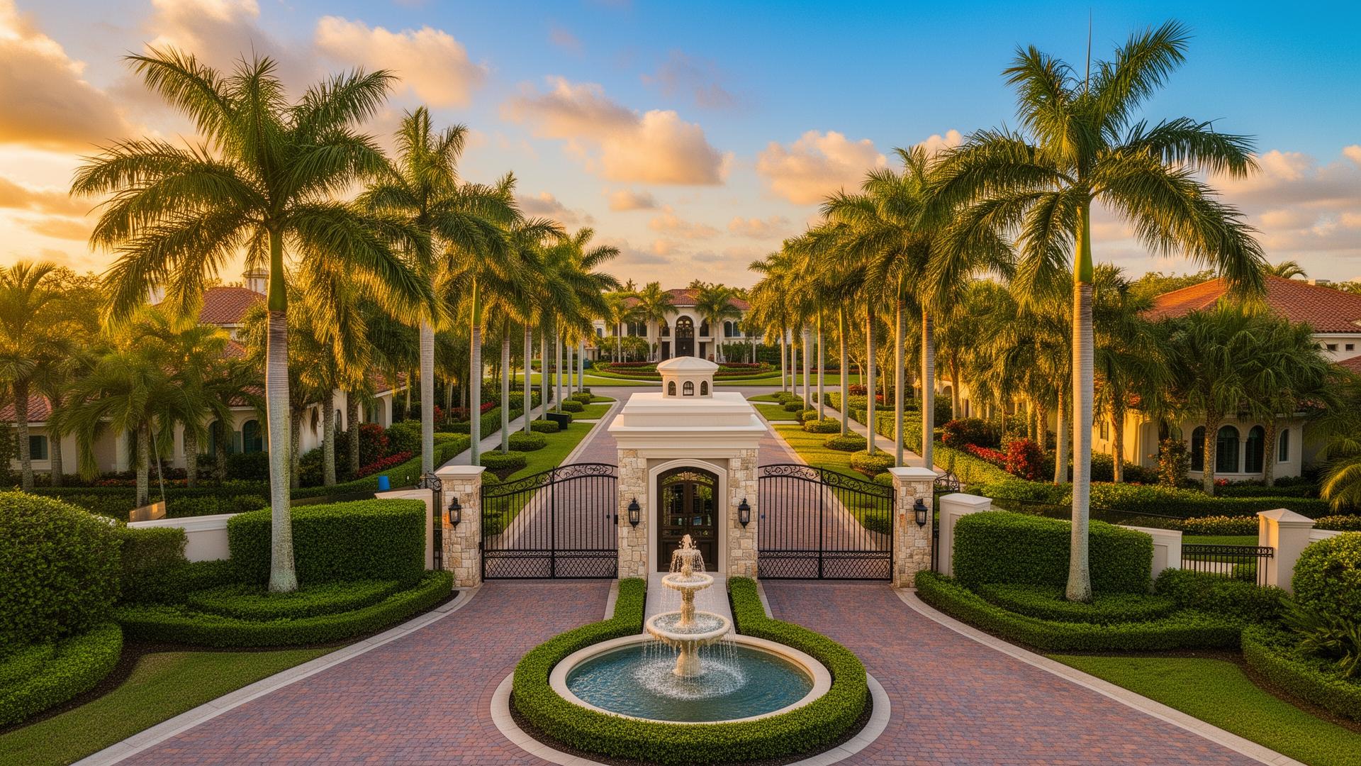 Luxury gated community entrance in Southwest Florida with palm-lined boulevard and fountain