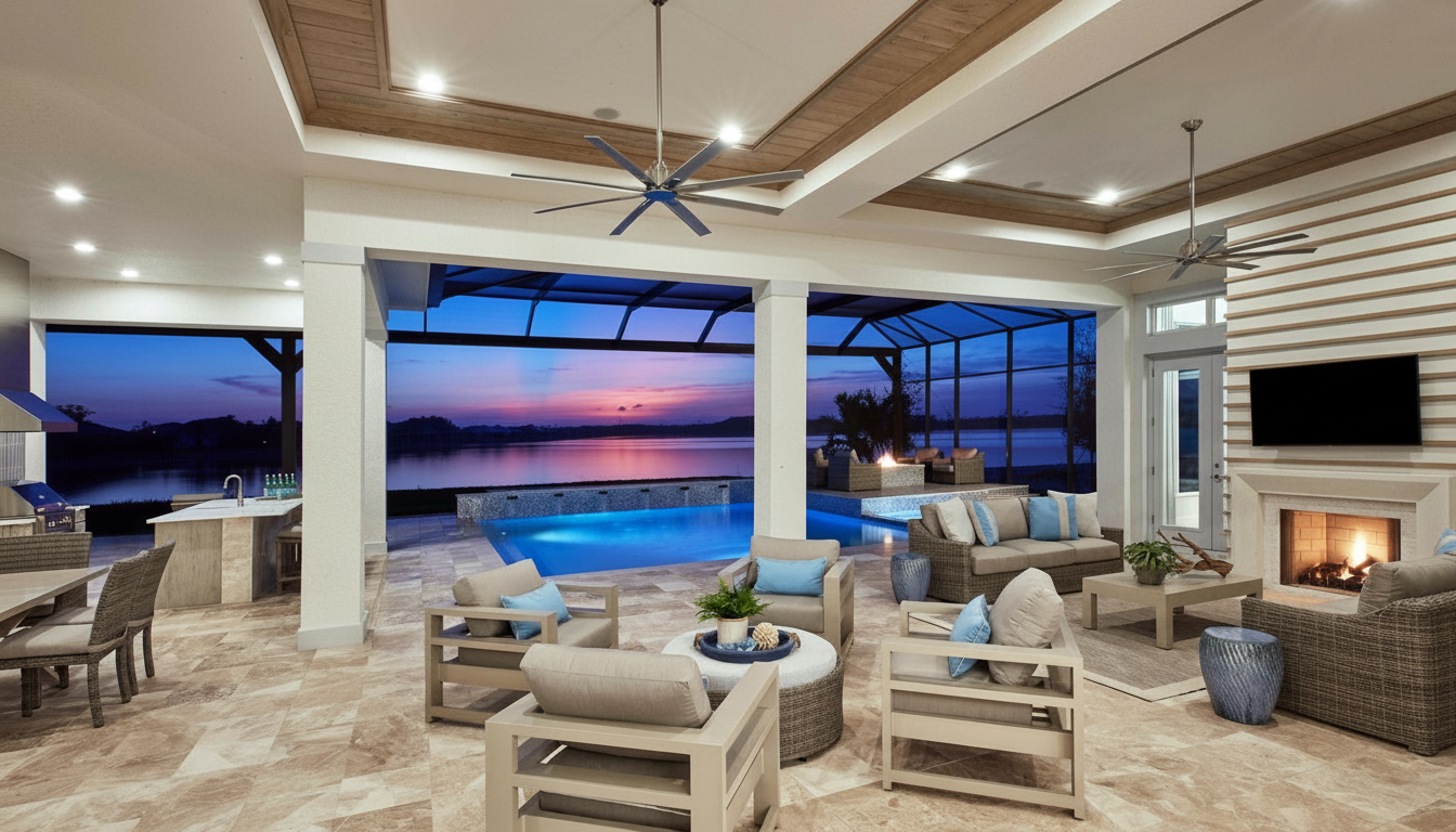 Luxury lakefront home at WildBlue community in Estero, Florida at dusk
